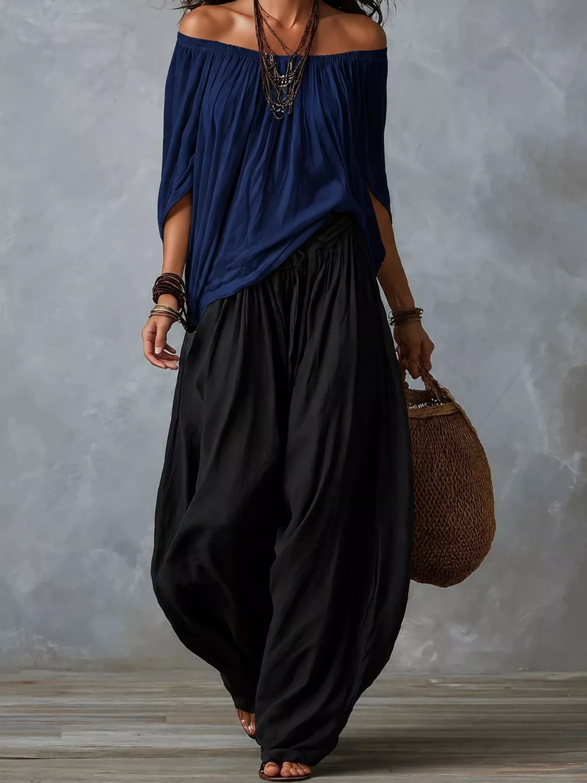 Off-shoulder harem pants set with navy off-shoulder top and black gathered harem pants