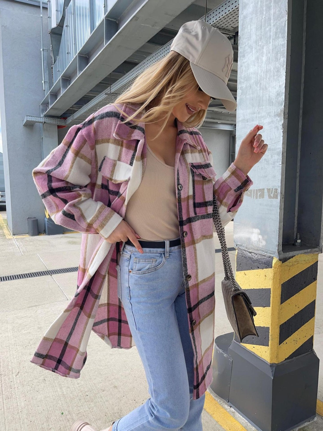 Plaid longline collared shirt in pink and cream with black grid, button-front