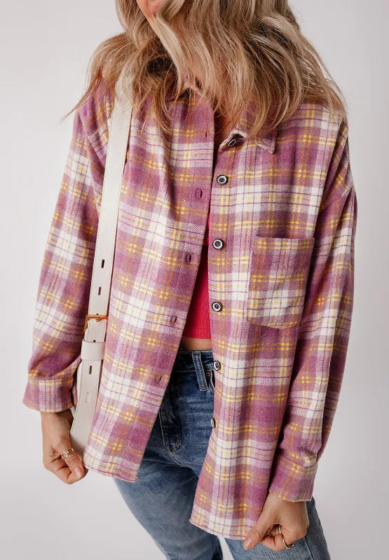 Pink plaid shacket with collar, button front, and chest pocket detail