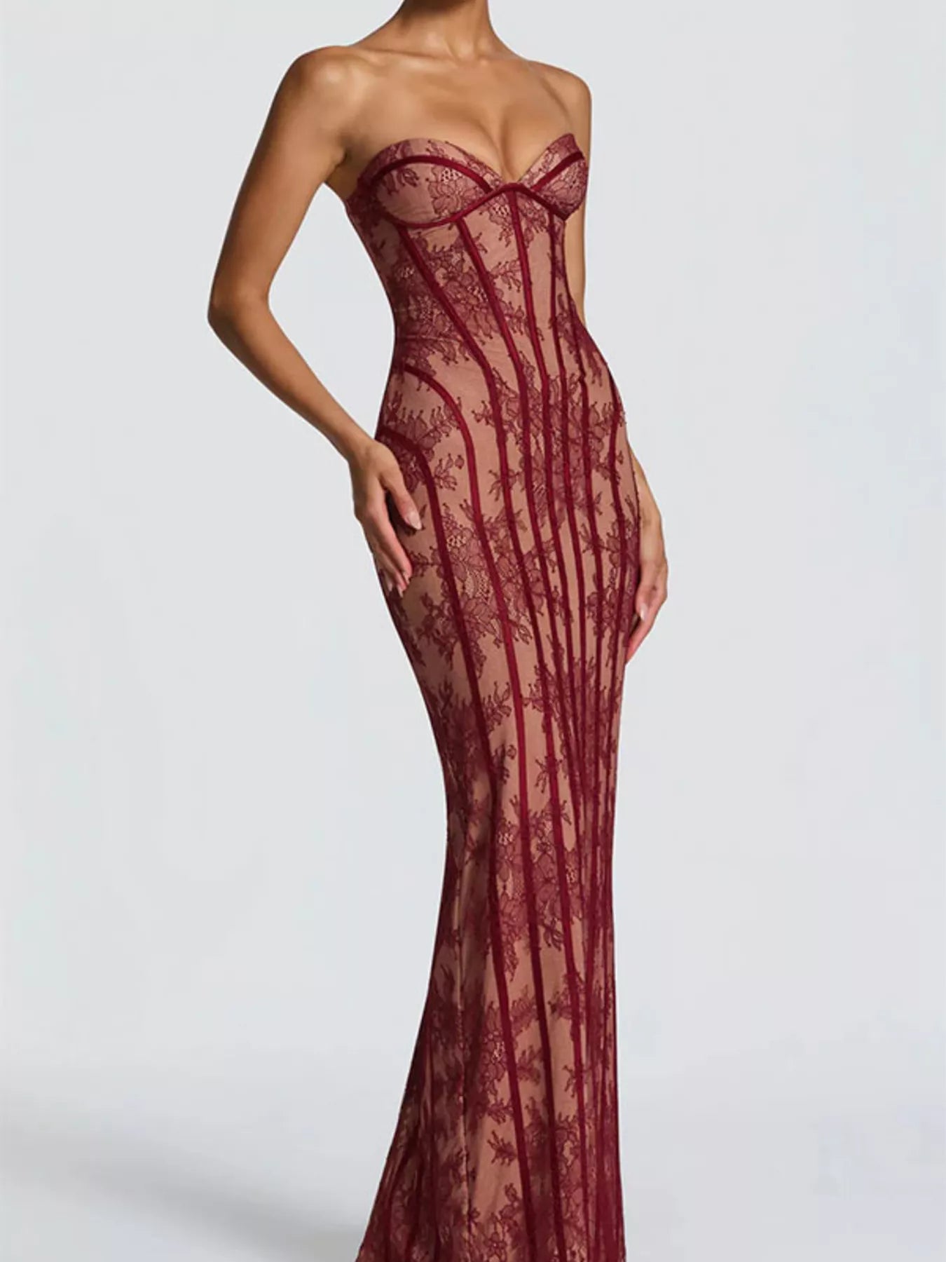 Cedar & Moore Lace Up Back Strapless Maxi Dress, burgundy lace, Trendsi