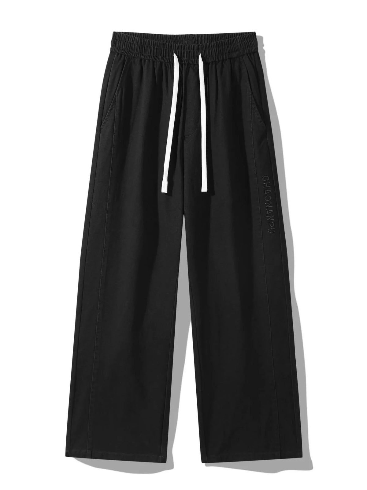 Men's wide-leg drawstring casual pants in black, elastic waist with two drawstrings.