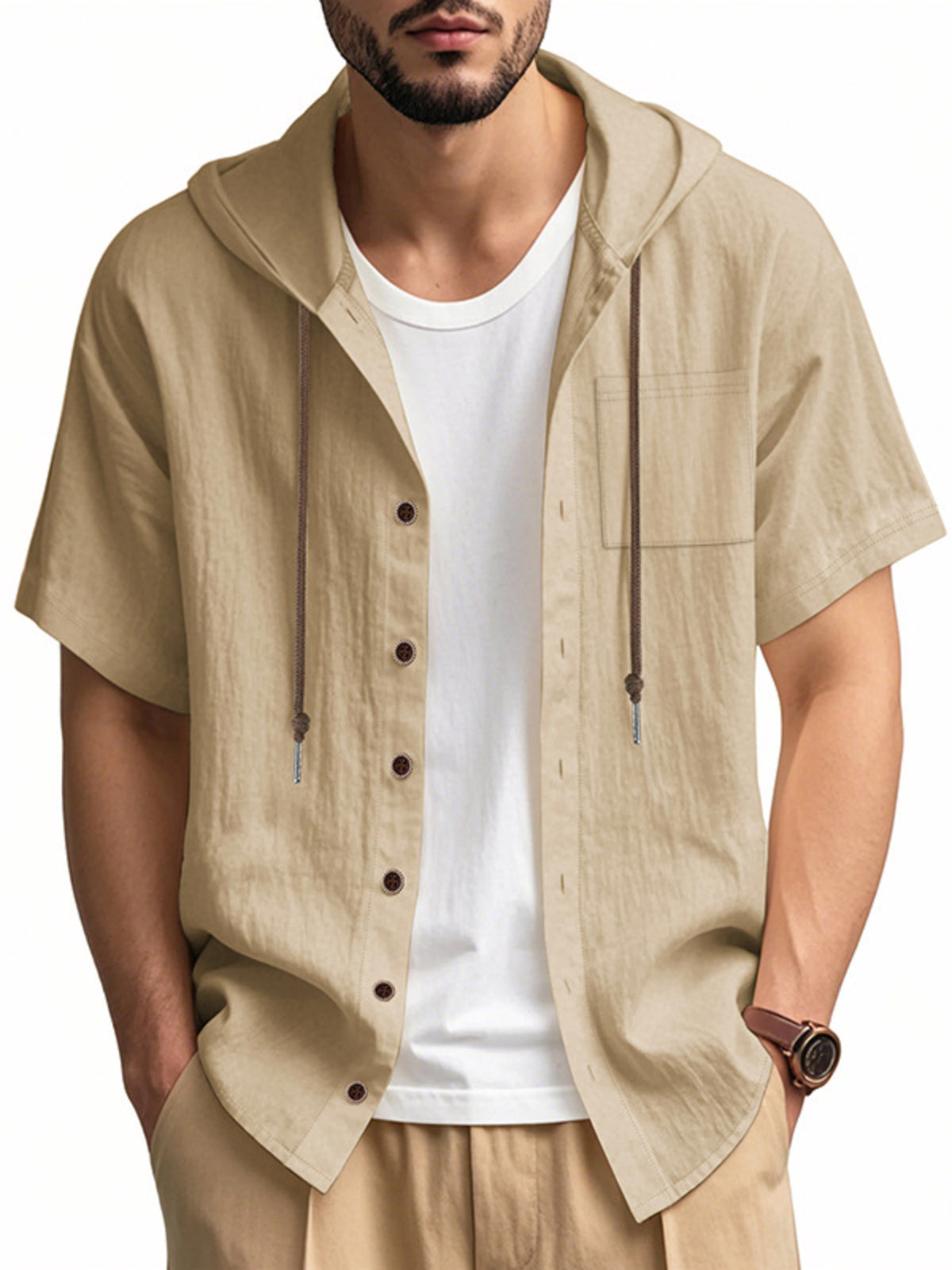 Men's hooded short-sleeve button shirt, tan-beige, front placket with drawstring hood