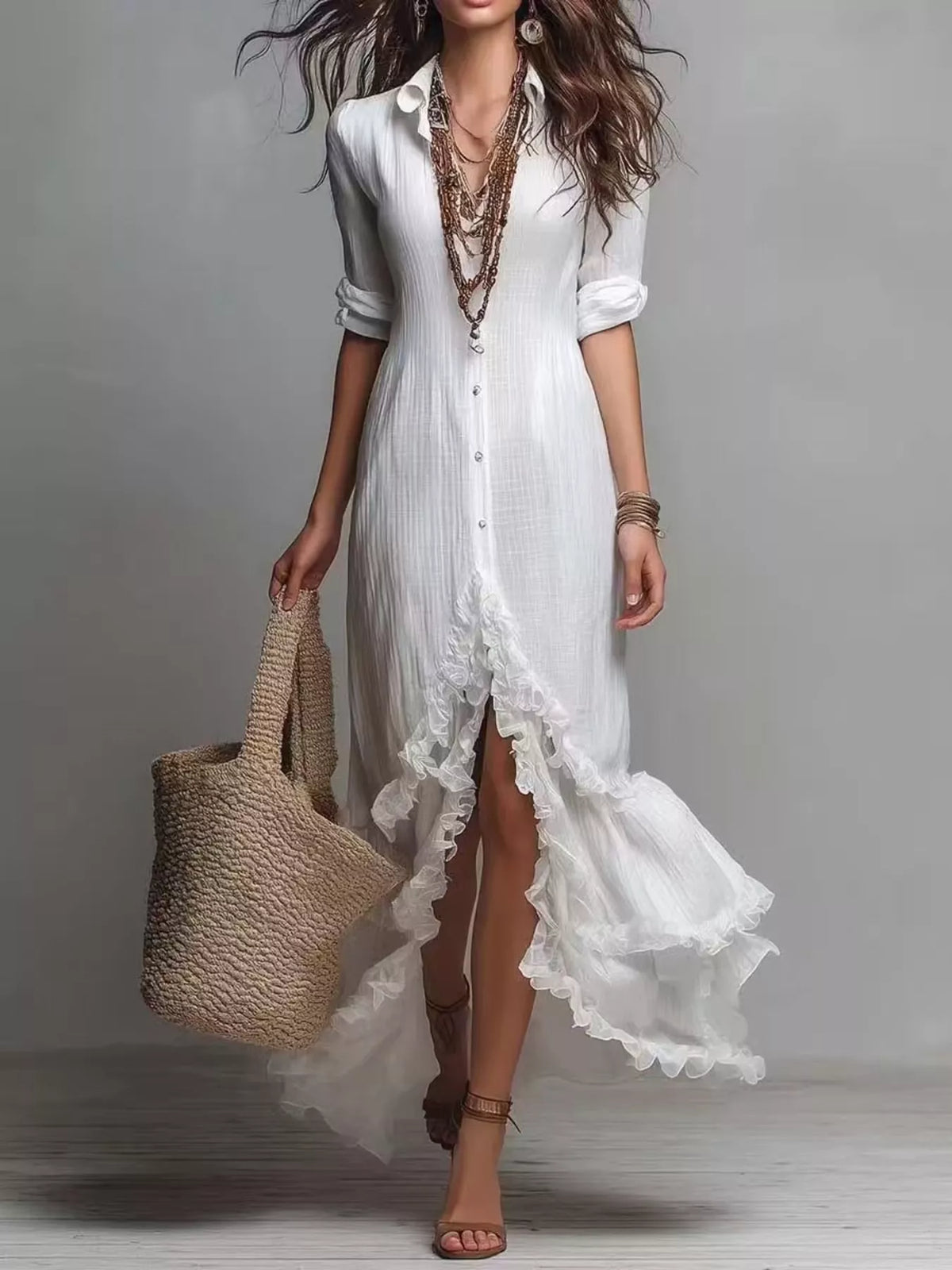 Boho button-down maxi dress in white with ruffled high-low hem and three-quarter sleeves