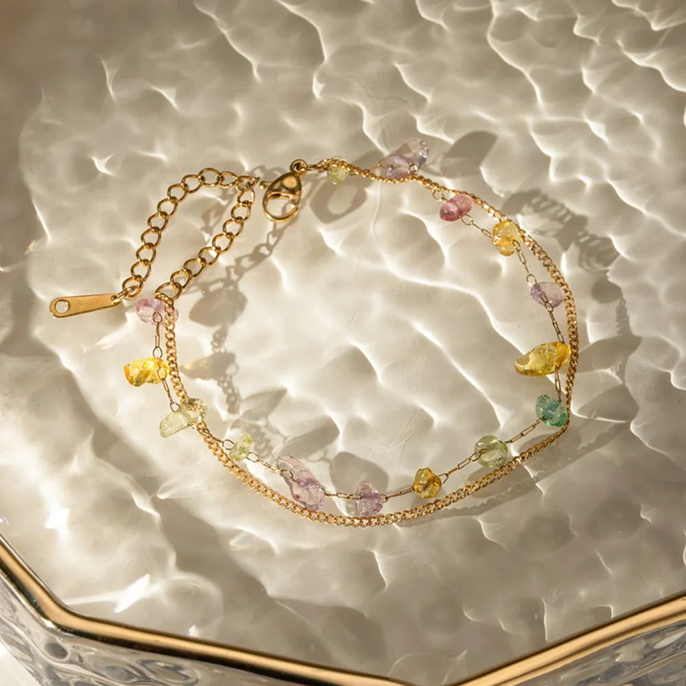 Gold double-layer bracelet with multicolor stone beads and lobster clasp