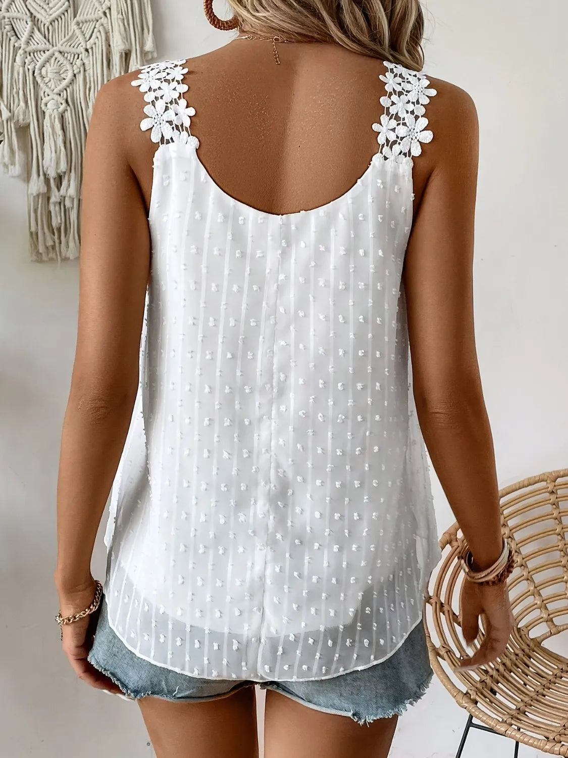 White Swiss-dot scoop back cami with lace-flower strap applique and tiered silhouette