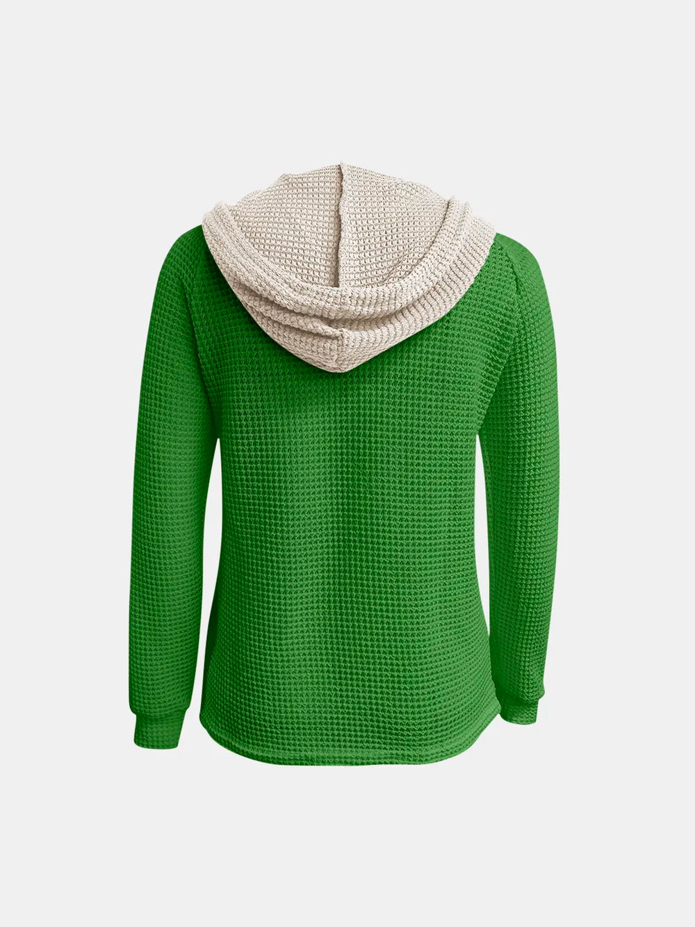 Green waffle-knit hoodie, back view with long sleeves and contrast hood trim.