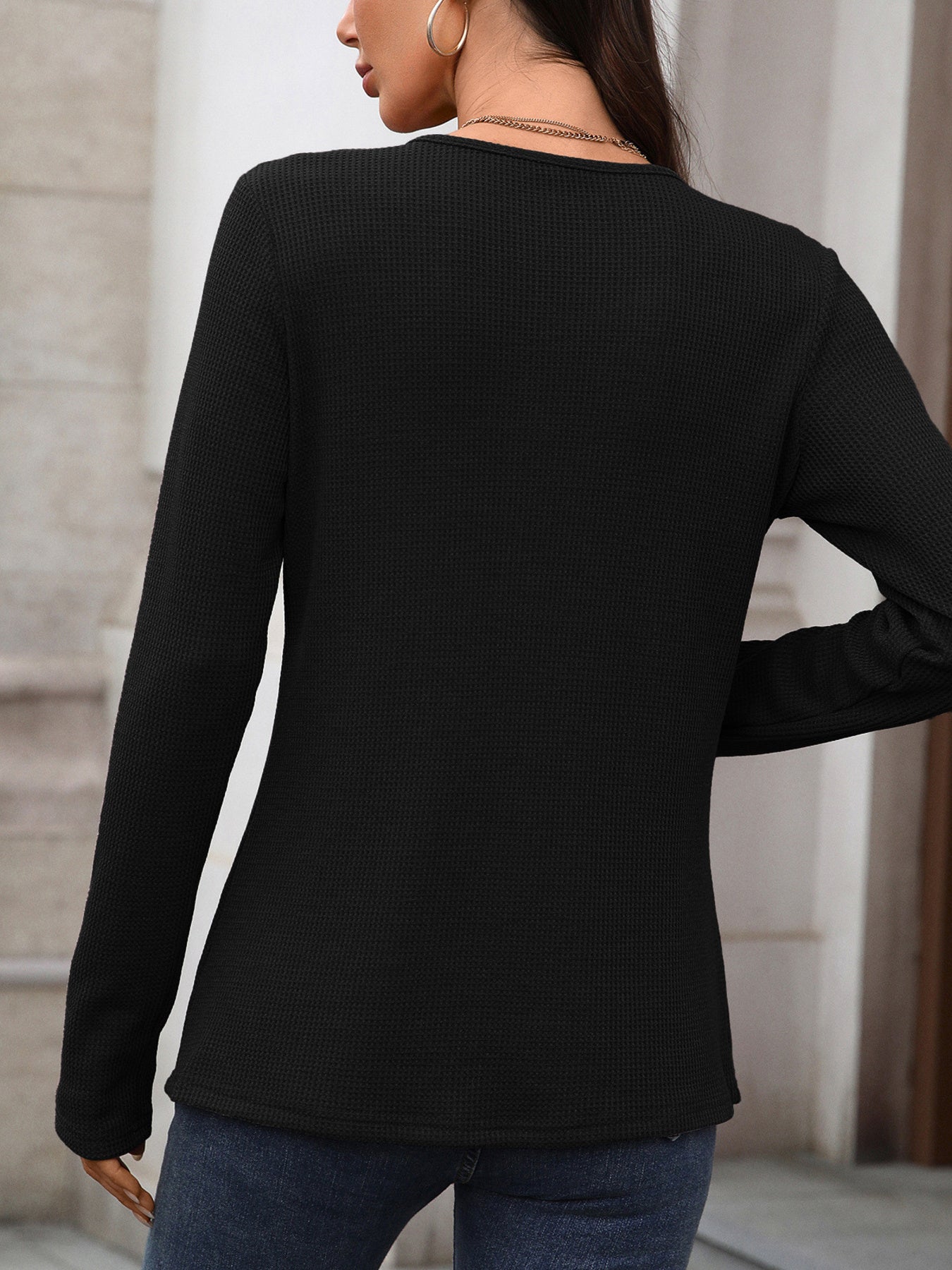 Cedar & Moore Waffle Knit Long Sleeve T-Shirt in black by Trendsi, back view