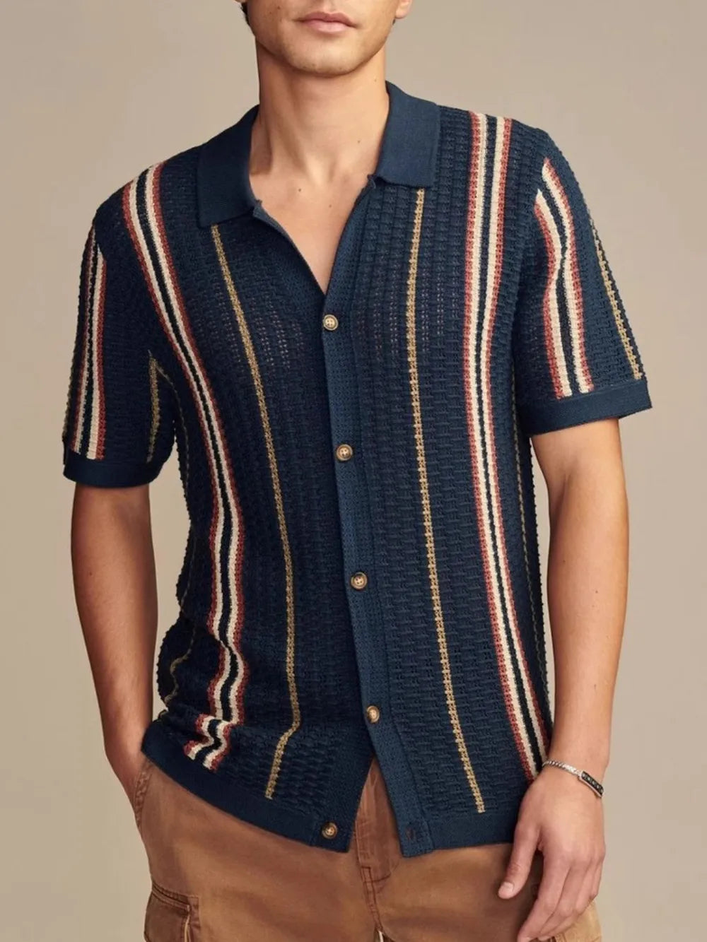Dark navy striped short-sleeve collared shirt with button front