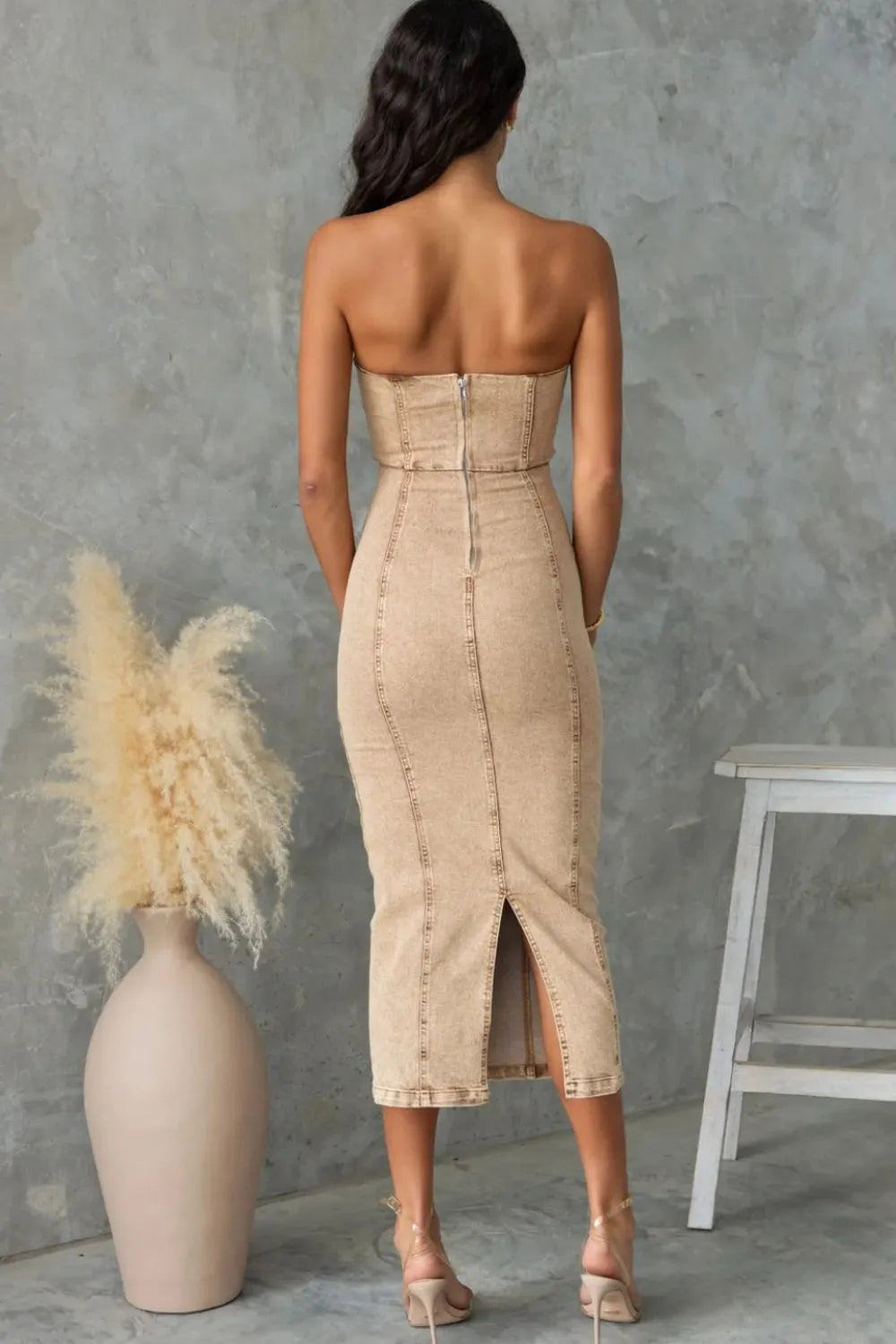 Tan washed denim tube dress, back view with center seam and back slit