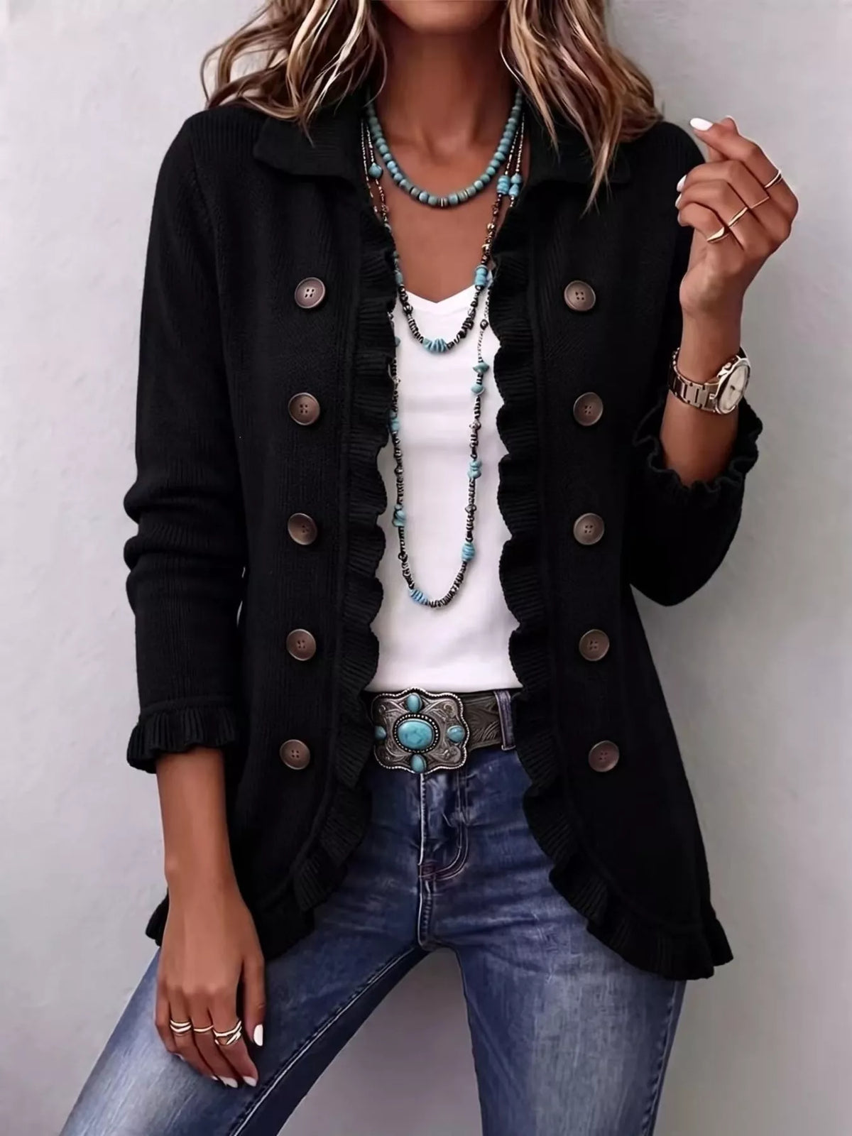 Black ribbed ruffle button-up cardigan sweater with round front buttons and ruffled trim