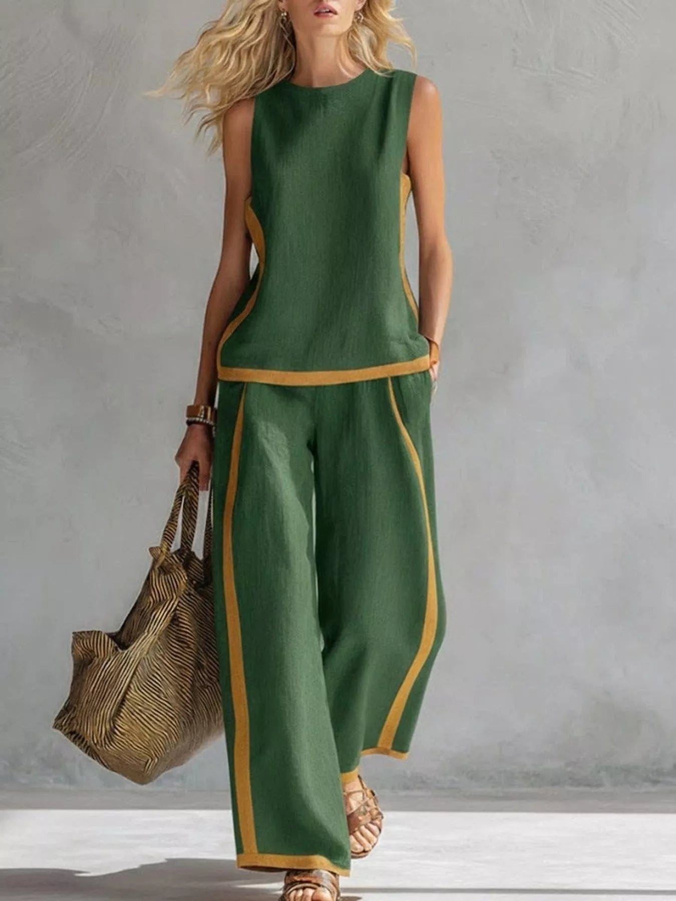 Sleeveless tank top and wide-leg pants set, green with yellow trim