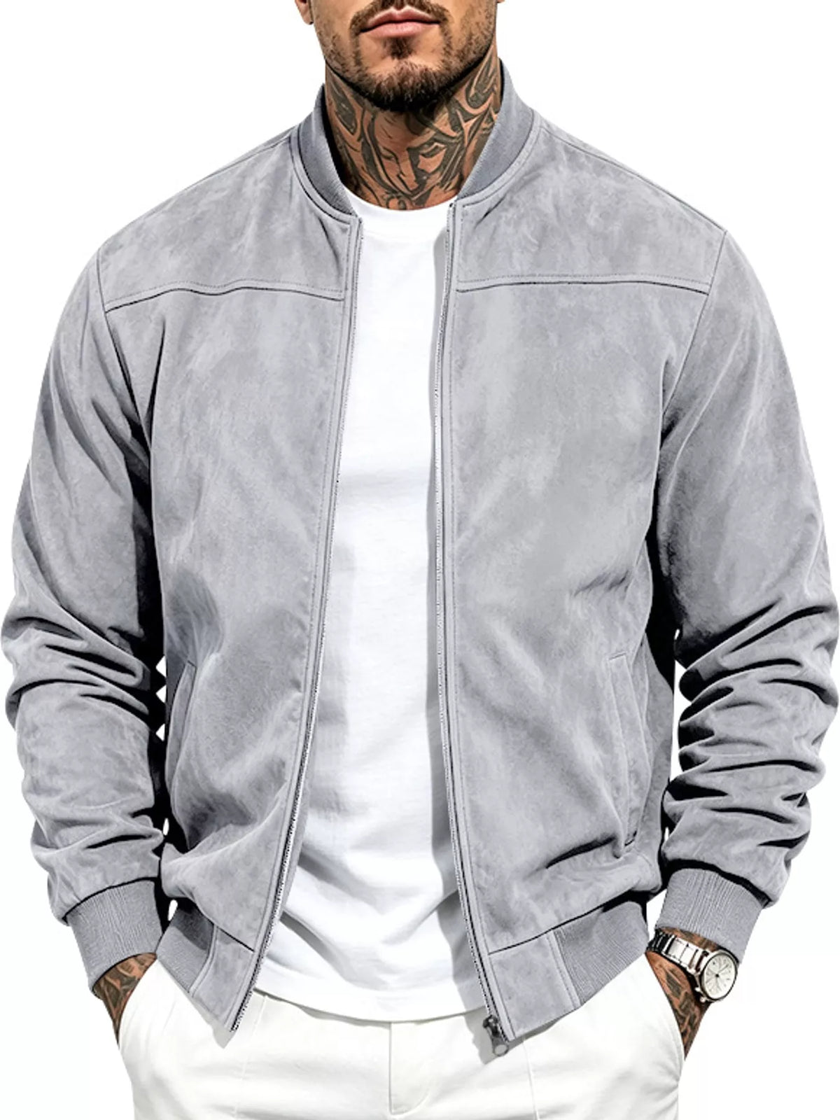 Men's zip-up long sleeve jacket in light gray, front zipper with mock neck and pockets