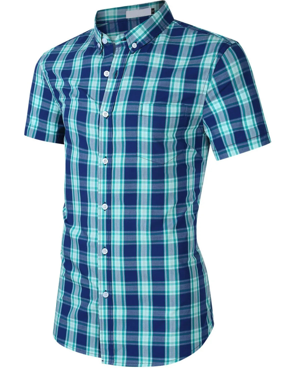 Teal plaid short-sleeve collared button-up shirt, side front view