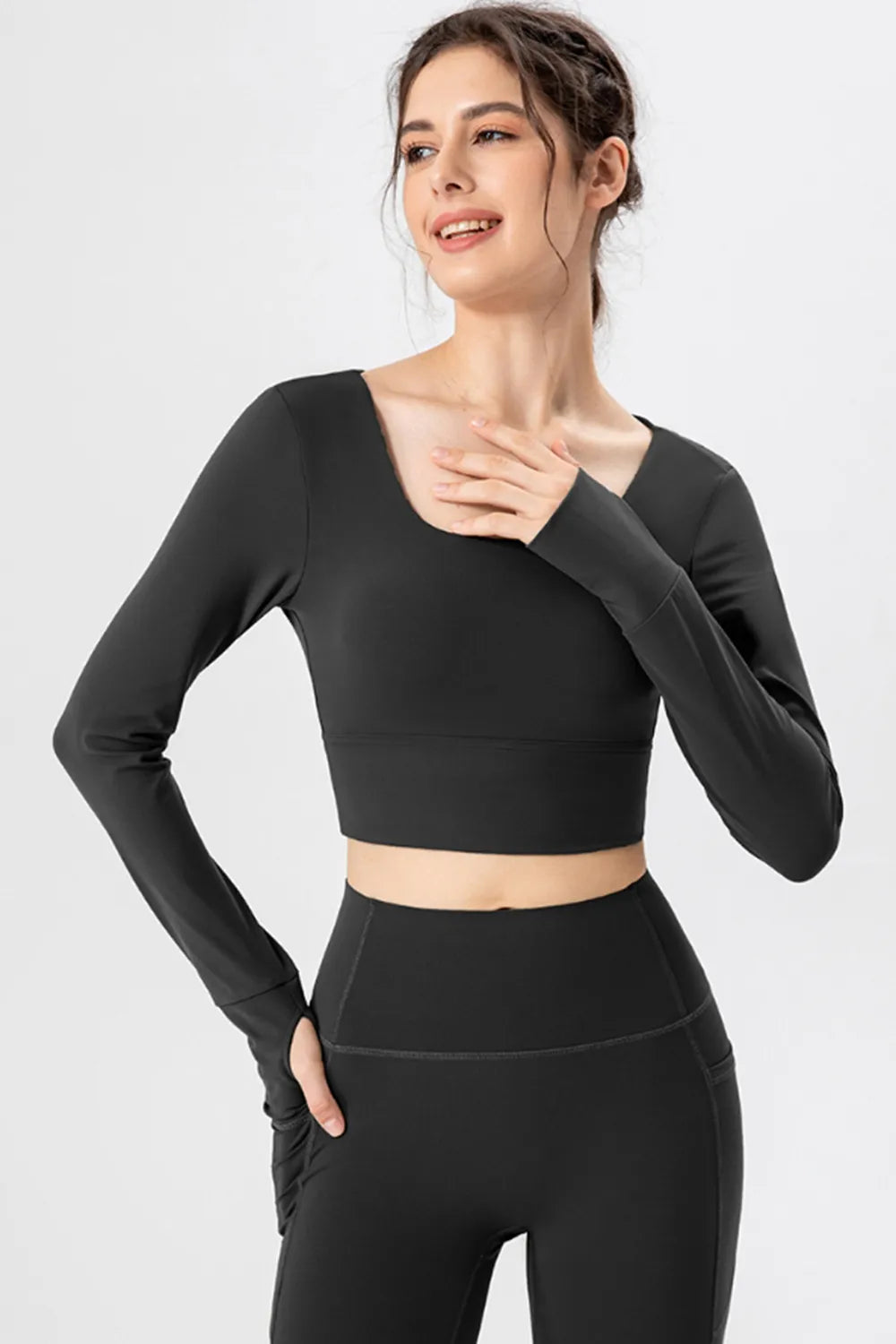 Long-sleeve active crop T-shirt in black with square neckline