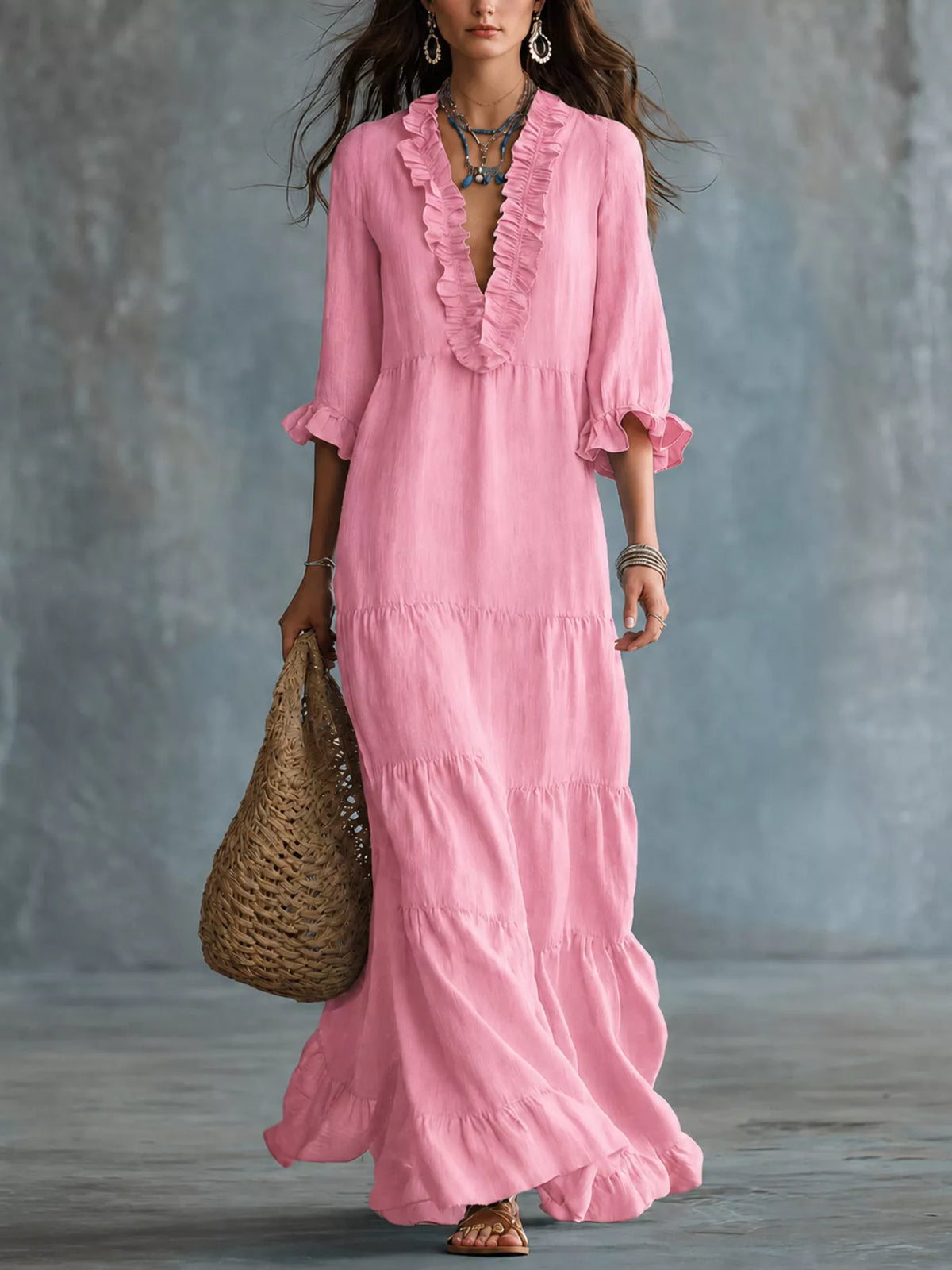 Pink ruffled V-neck tiered maxi dress with three-quarter sleeves