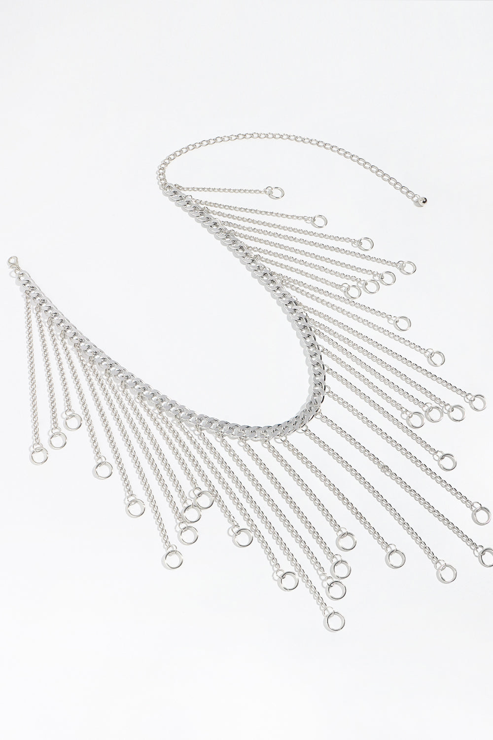 Silver chain fringe belt segment with oval ring and cascading dangling circles
