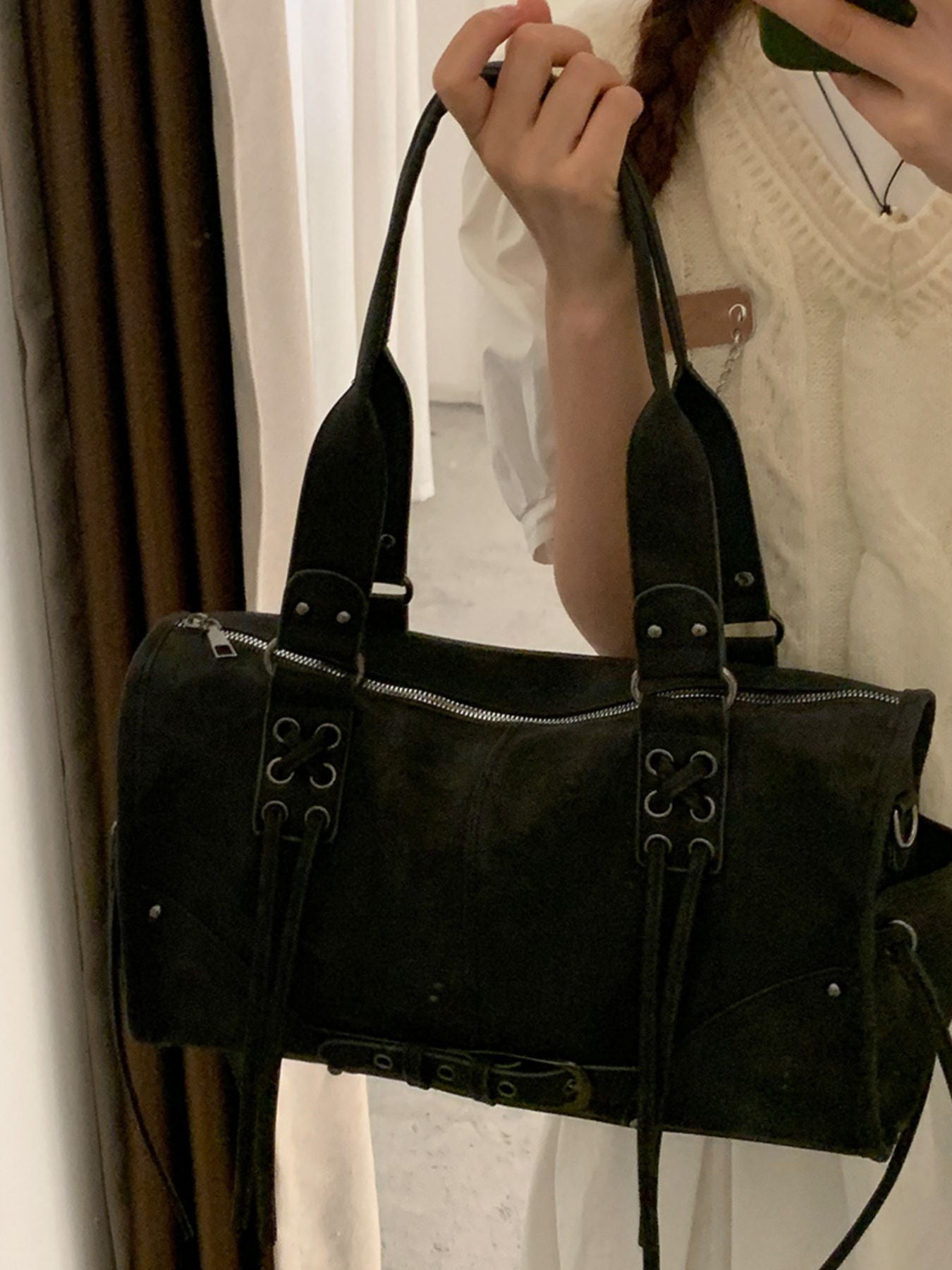 Lace Up Shoulder Bag, black PU leather with dual top handles and silver hardware