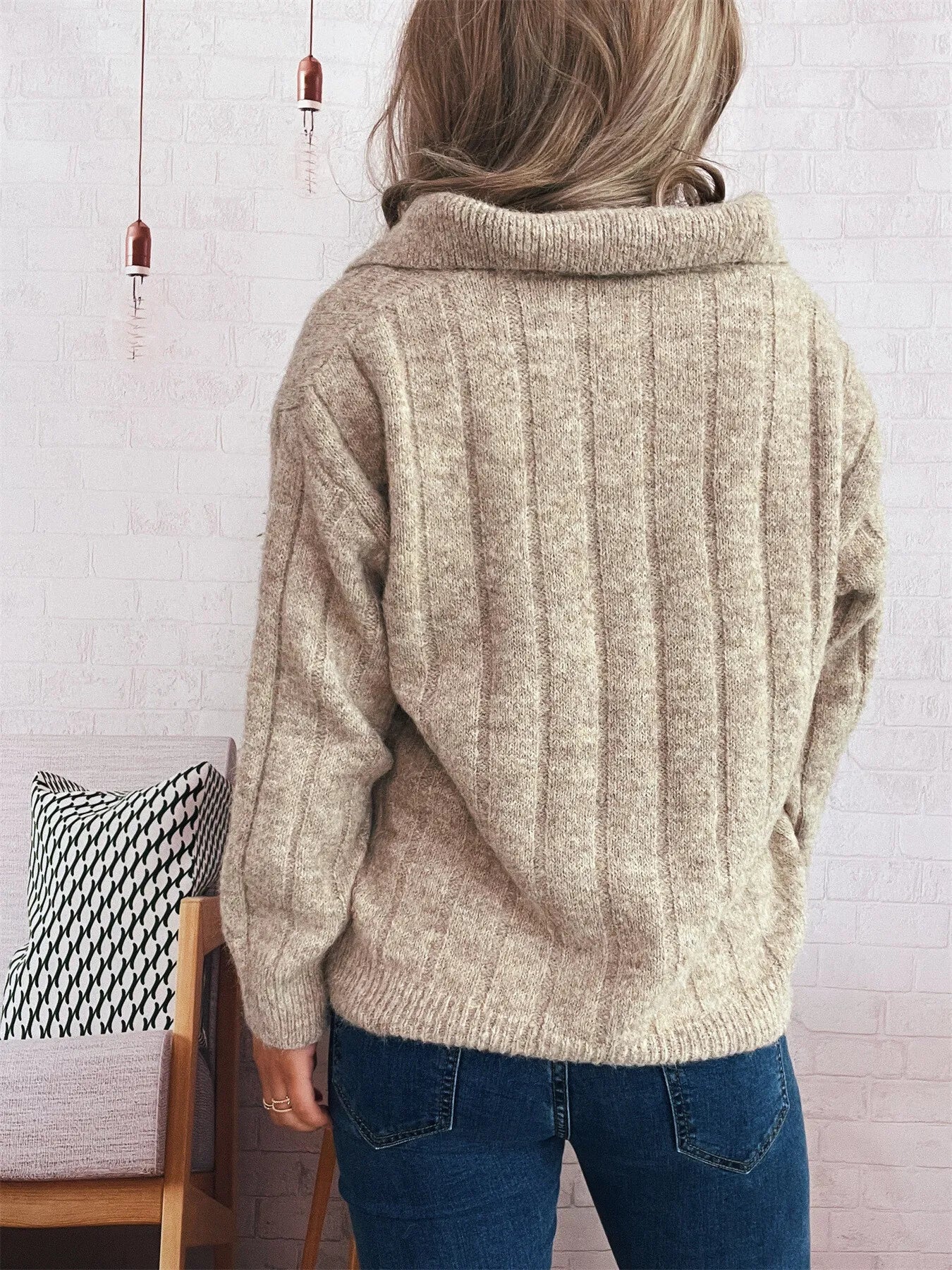 Ribbed hem quarter zip sweater in heather beige, back view with high ribbed collar.