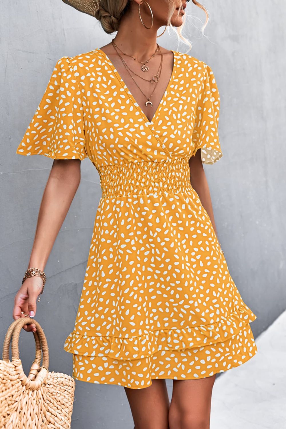 Mustard printed smocked-waist surplice layered dress with flutter sleeves