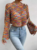 Multicolor crochet hollow-out cropped sweater, long sleeves, crew neckline