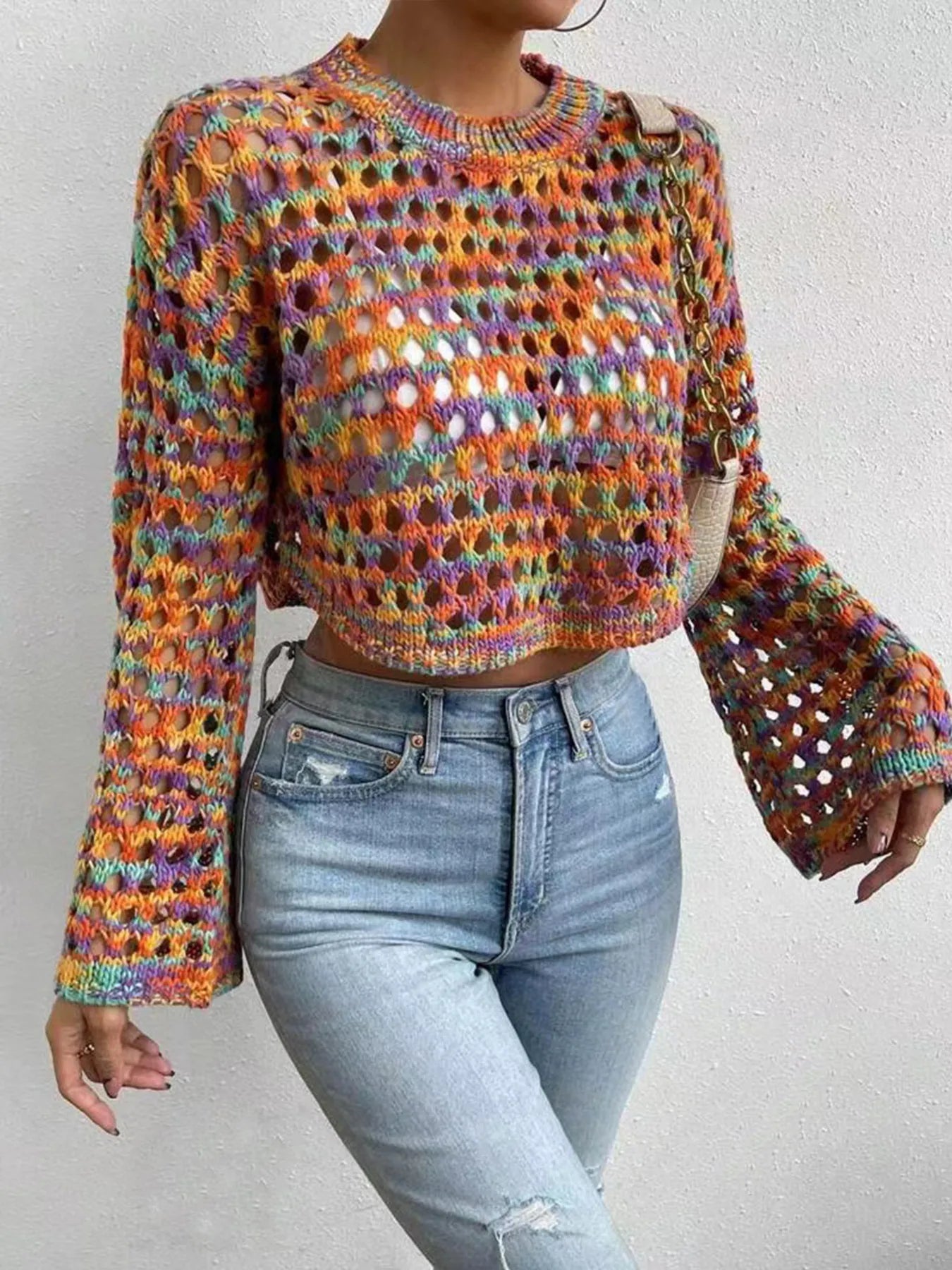 Multicolor crochet hollow-out cropped sweater, long sleeves, crew neckline