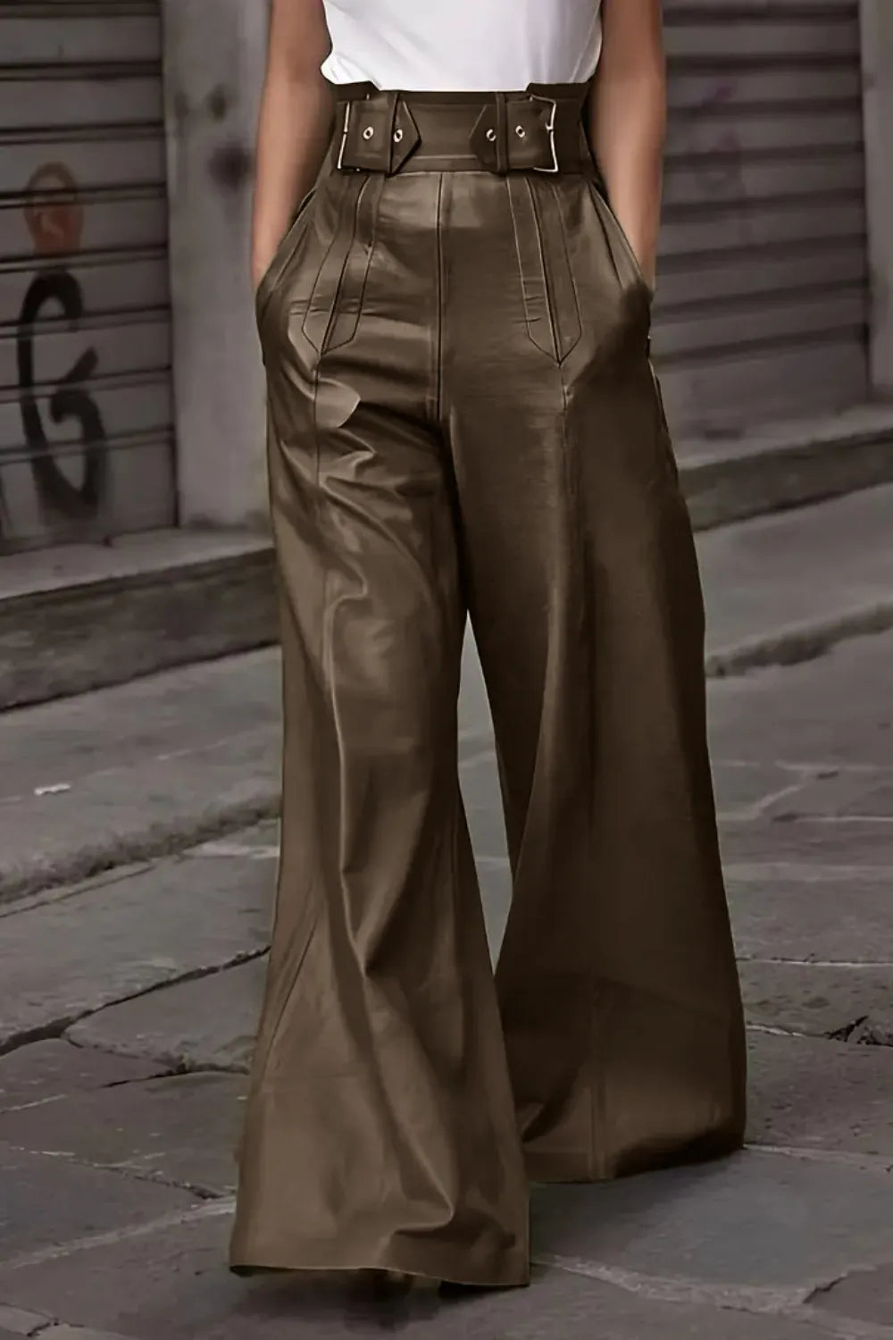 Taupe-brown high-waist wide flare pants with button-front and belt loops