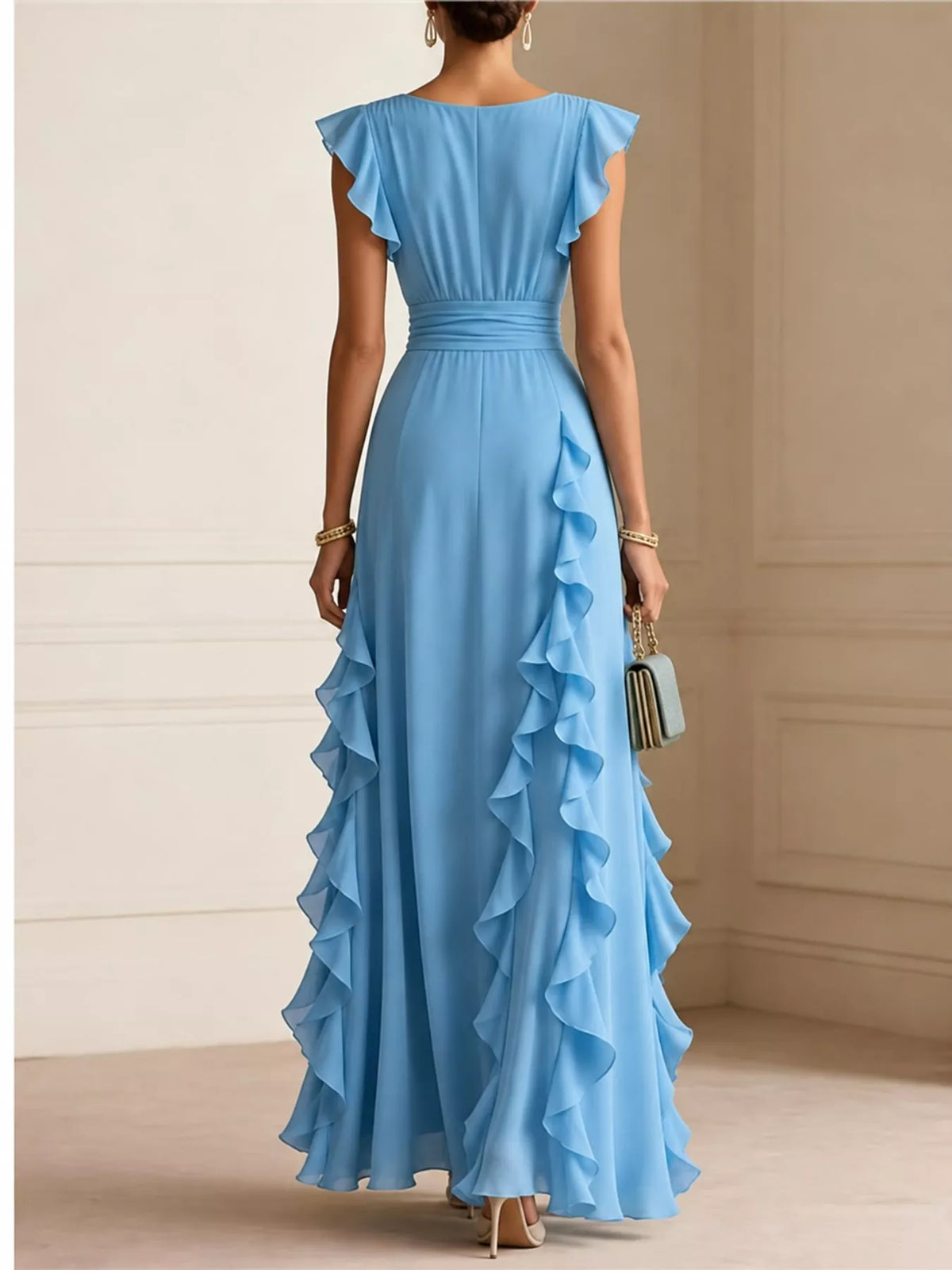 Sky blue sleeveless maxi dress with scooped back and layered ruffle hem