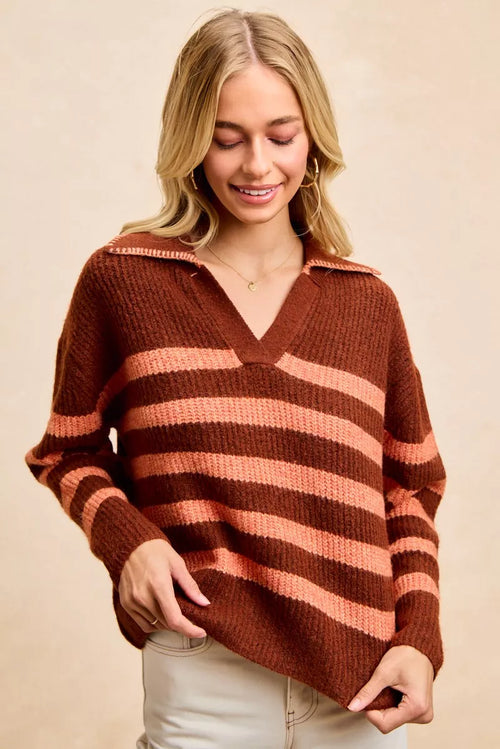 Brick striped sweater top with V-neck and contrast terracotta stripes, long sleeves
