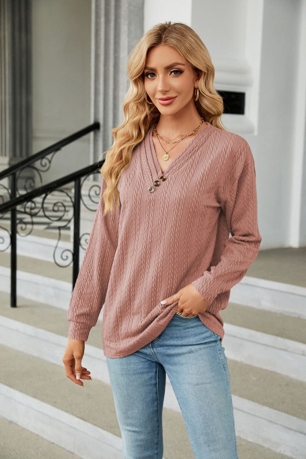 Cedar & Moore Decorative Button V-Neck Long Sleeve Knit T-Shirt in dusty rose by Trendsi