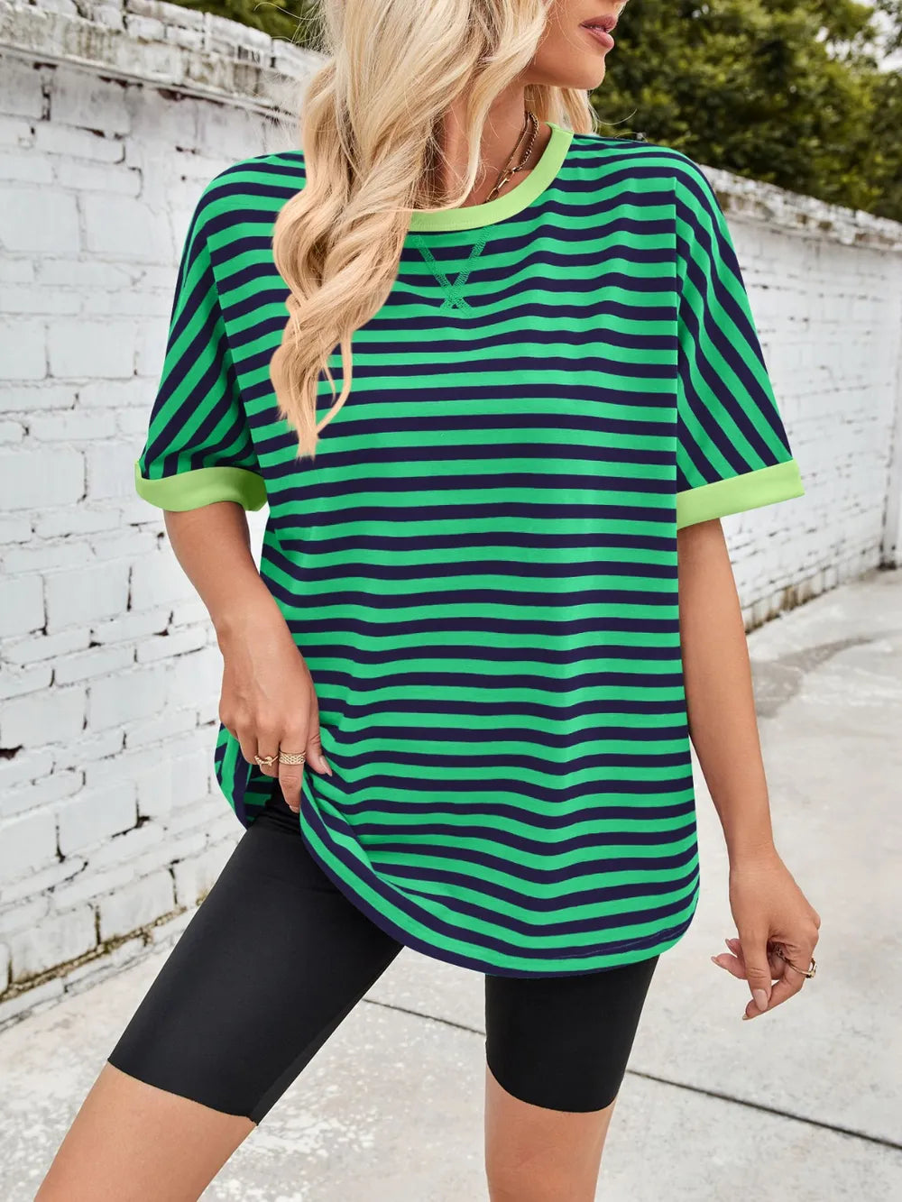 Green striped round-neck half-sleeve T-shirt with lime-trimmed neckline and cuffs