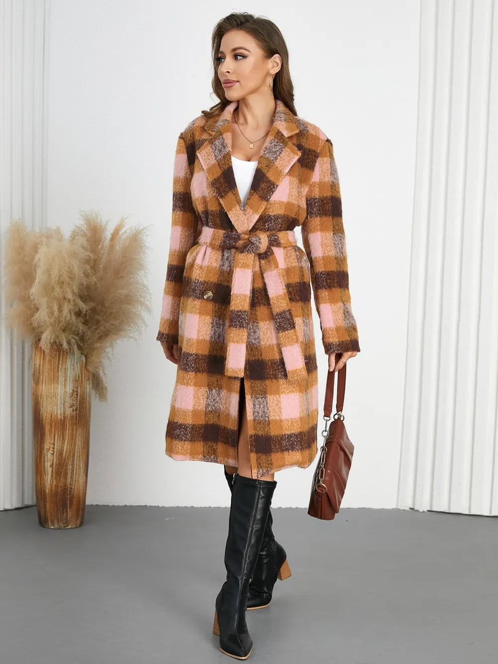 Plaid collared neck coat with tie waist, long length, brown and tan check with pink tones