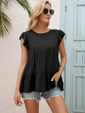 Black tiered blouse with round neck and short flutter sleeves