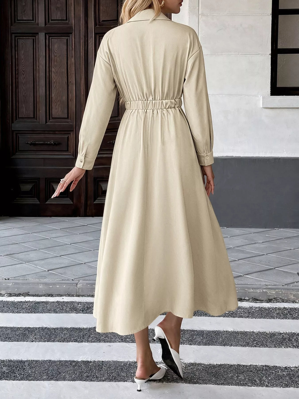 Khaki shirt dress back view with ruched waist and gathered midi skirt