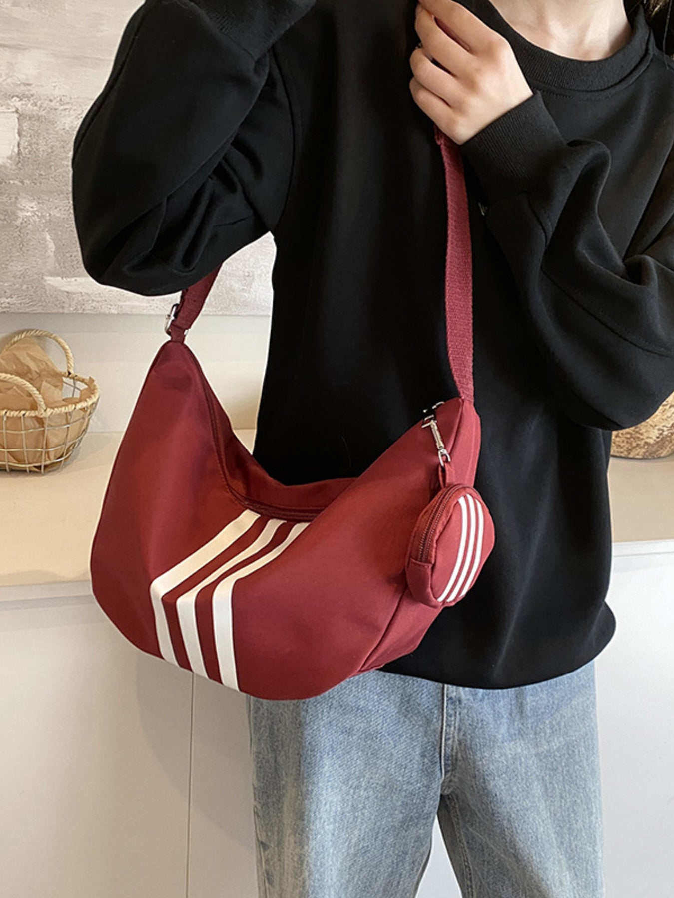 Crossbody bag with coin purse, red with white stripes, medium size, by Trendsi