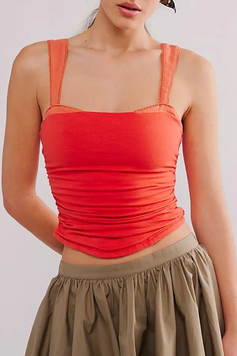 Orange square-neck wide-strap cami with ruched bust and slim fit