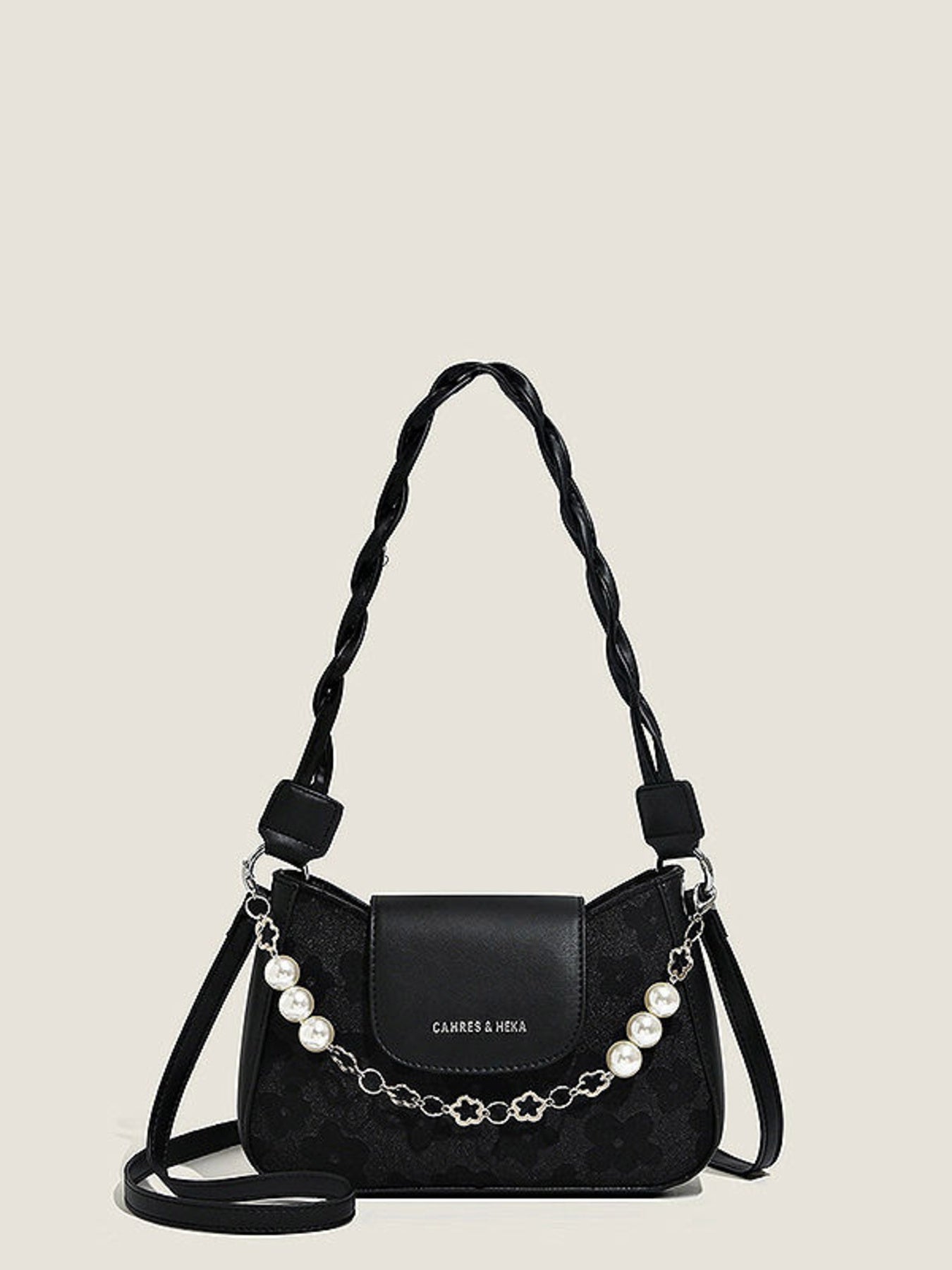 Pearl Chain Decor Shoulder Bag, black mini PU handbag with pearl bead chain accent