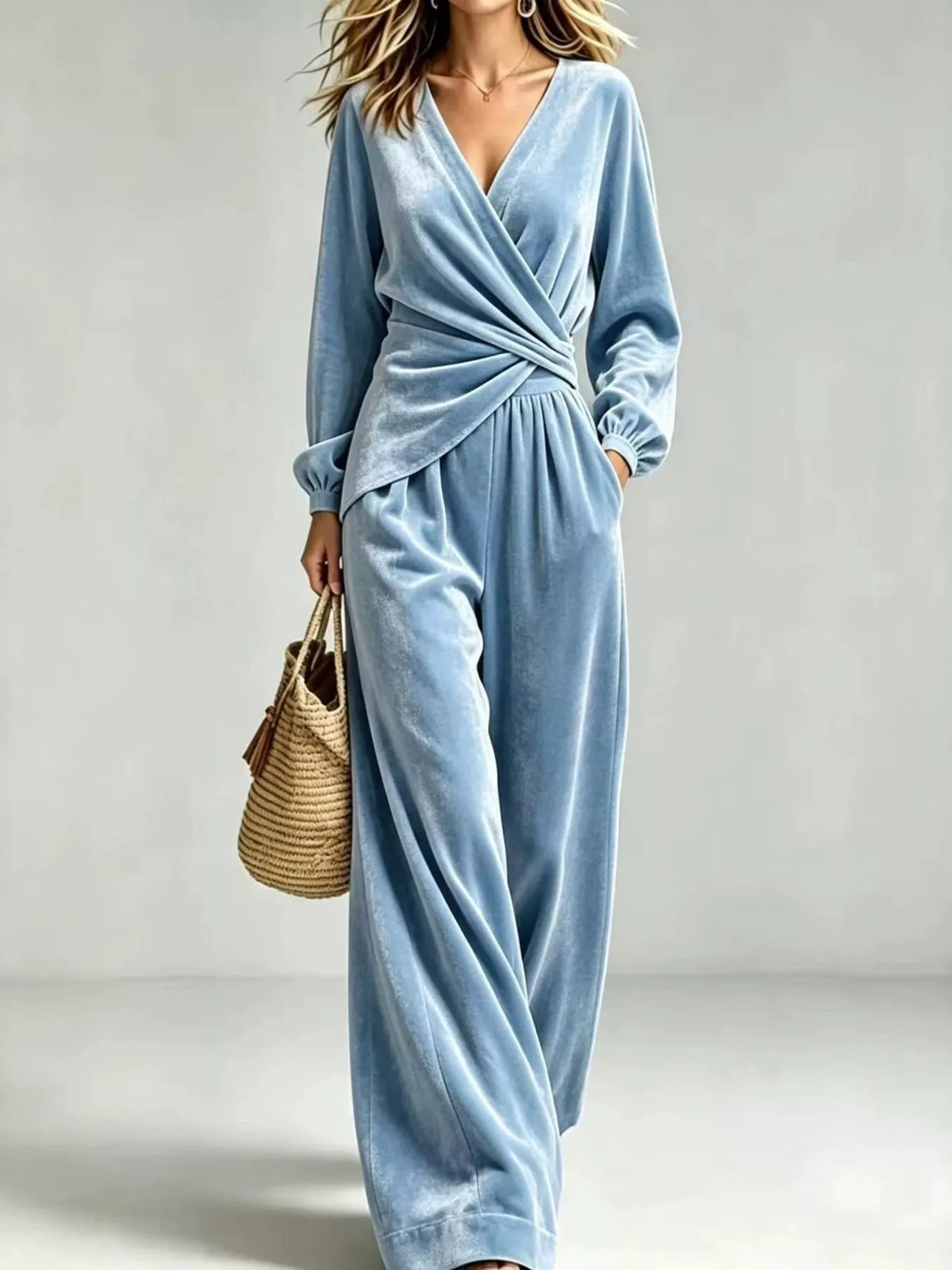Light blue velvet wrap-front top and matching wide-leg pants set with long sleeves