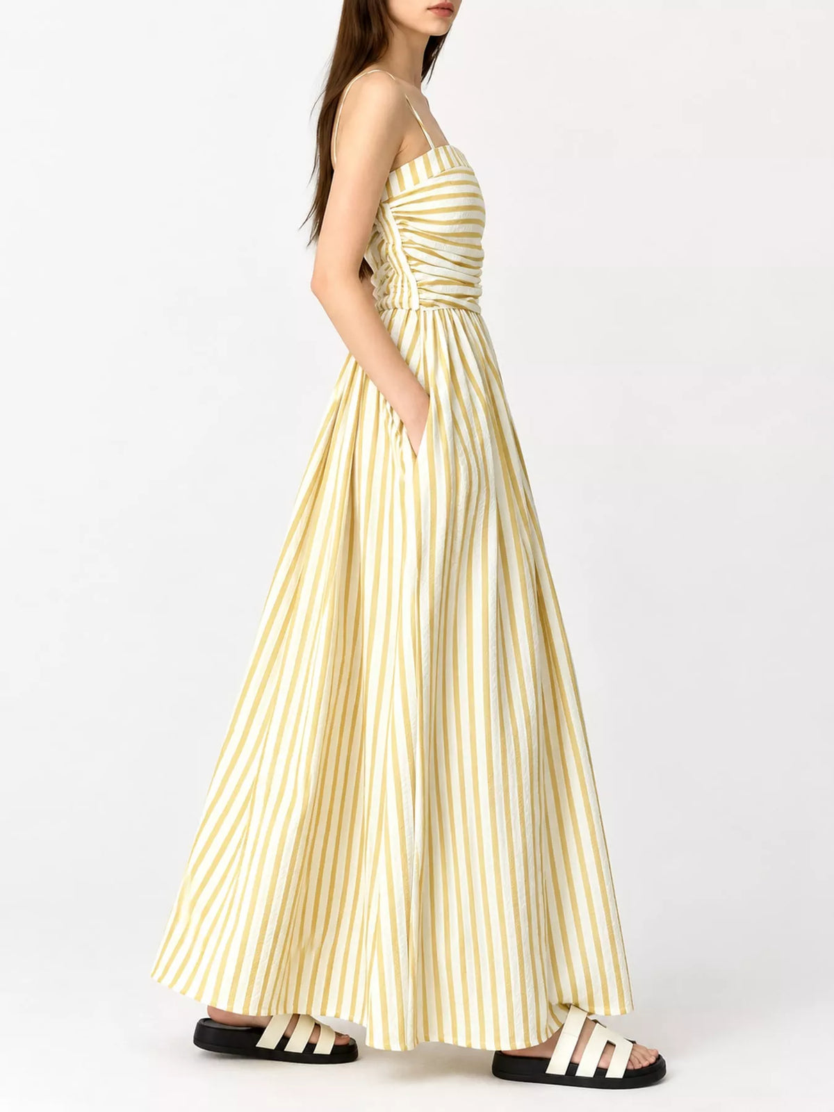 Ruched striped spaghetti-strap maxi dress, yellow-and-white stripes
