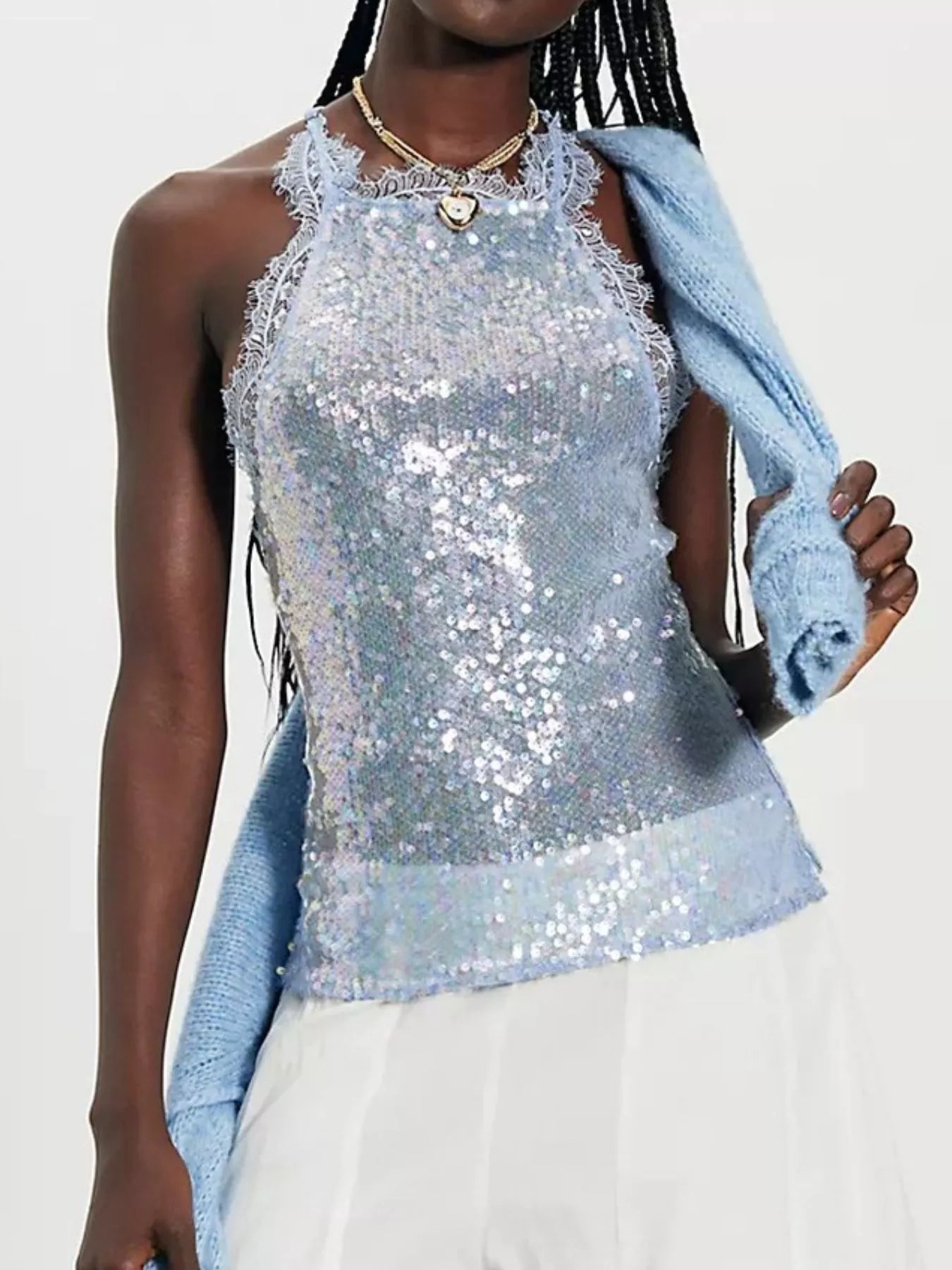 Cedar & Moore Sequin Lace Trim Halter Neck Cami in light blue by Trendsi