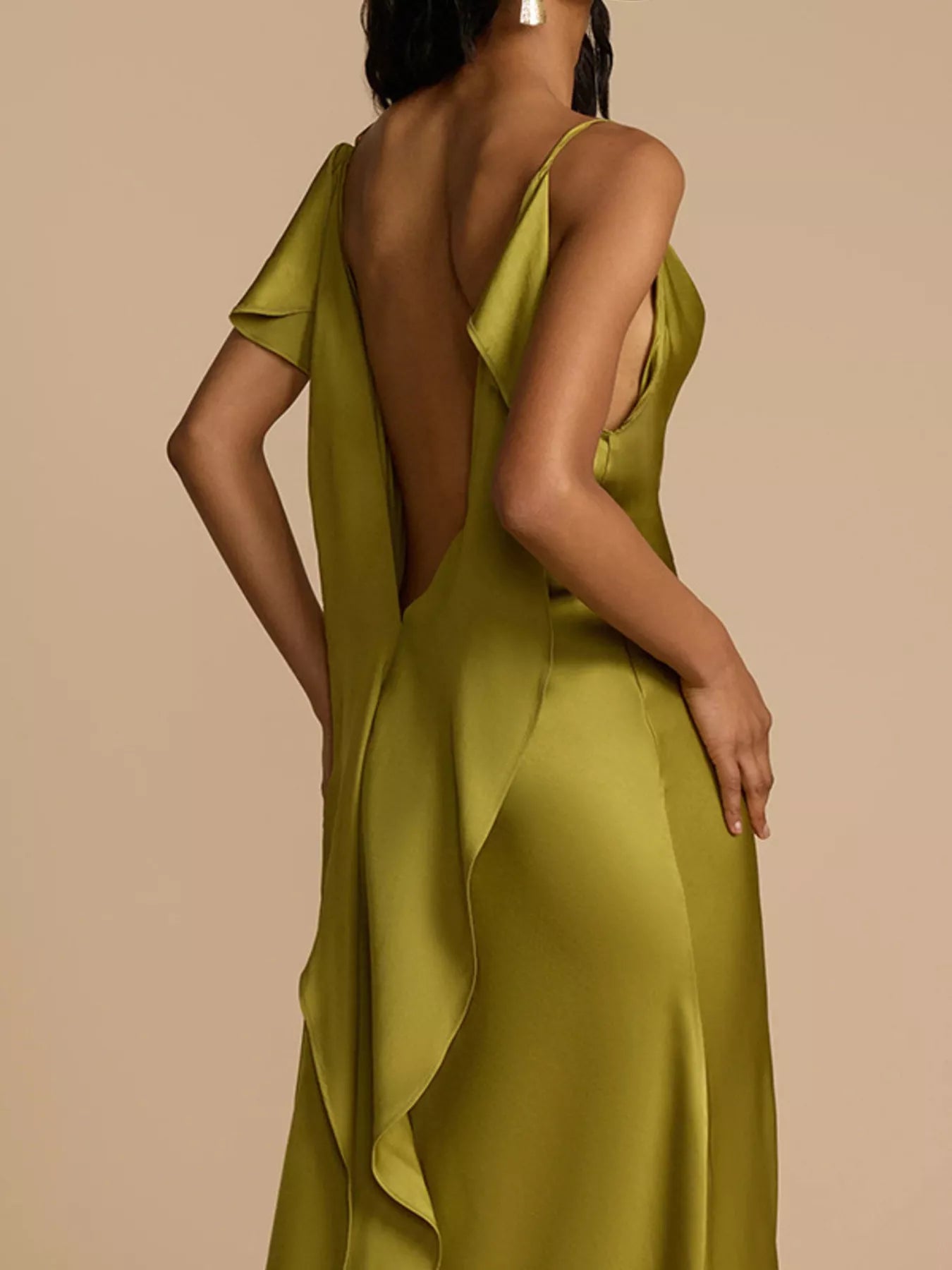 Cedar & Moore Satin Cowl Neck Slit Maxi Dress in olive satin with open back and draped panels