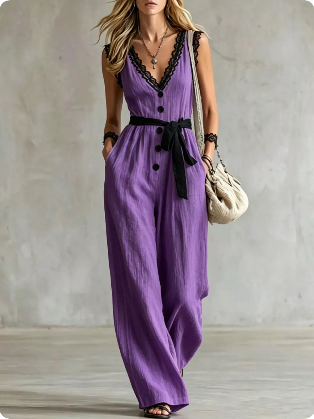 Purple lace-trim V-neck sleeveless jumpsuit with black buttons and tie belt