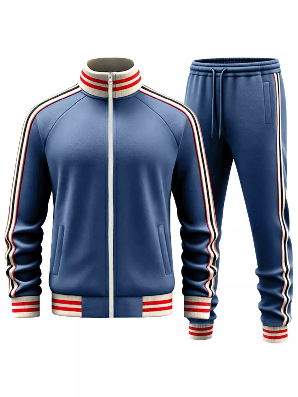 Blue zip-up track jacket and jogger pants set with red-white striped ribbed trim