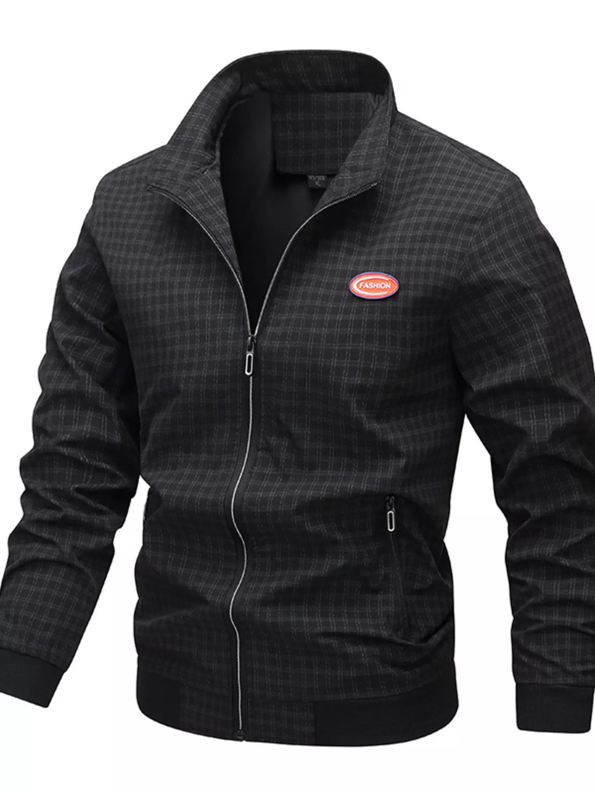 Men's plaid zip-up lightweight jacket, dark check, hood, front zip, zip pocket accents.