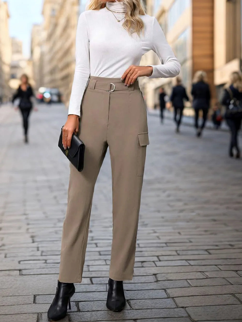 Mocha high-waist straight pants with cargo flap pockets and straight ankle-length leg