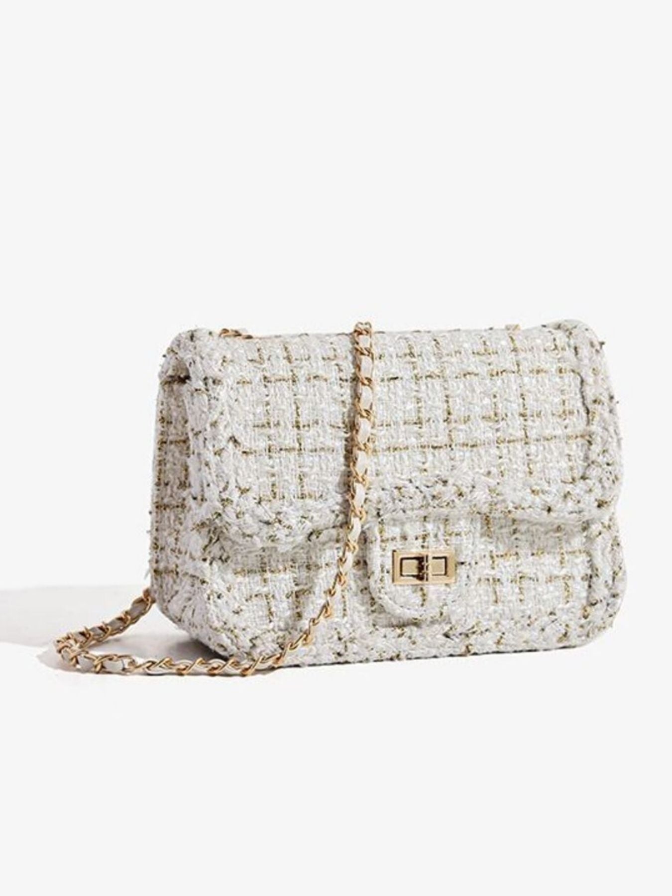 Tweed Chain Shoulder Bag in cream tweed with gold-tone chain strap and turn-lock closure, medium size
