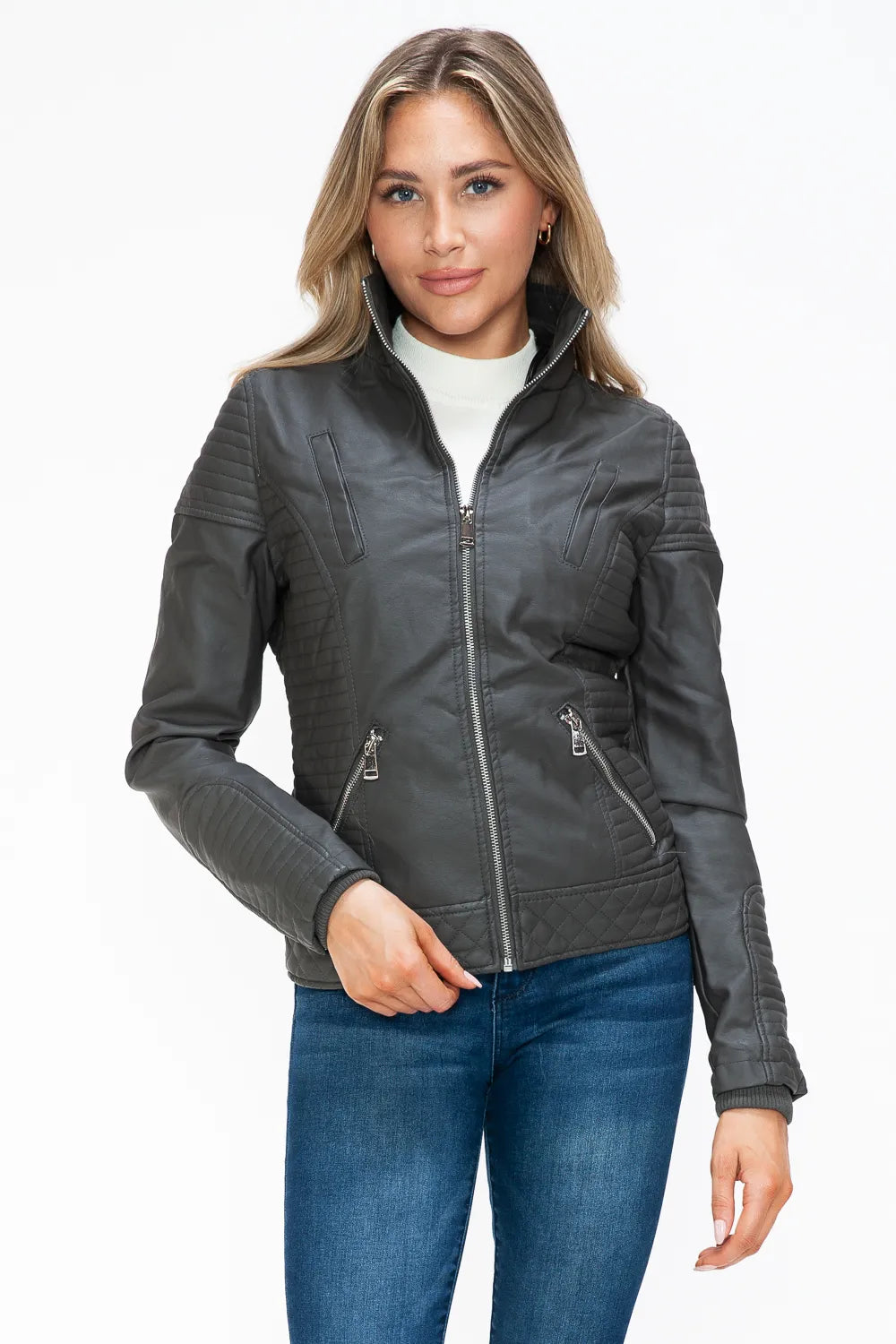 Charcoal double-zip quilted jacket with zip pockets and high stand collar