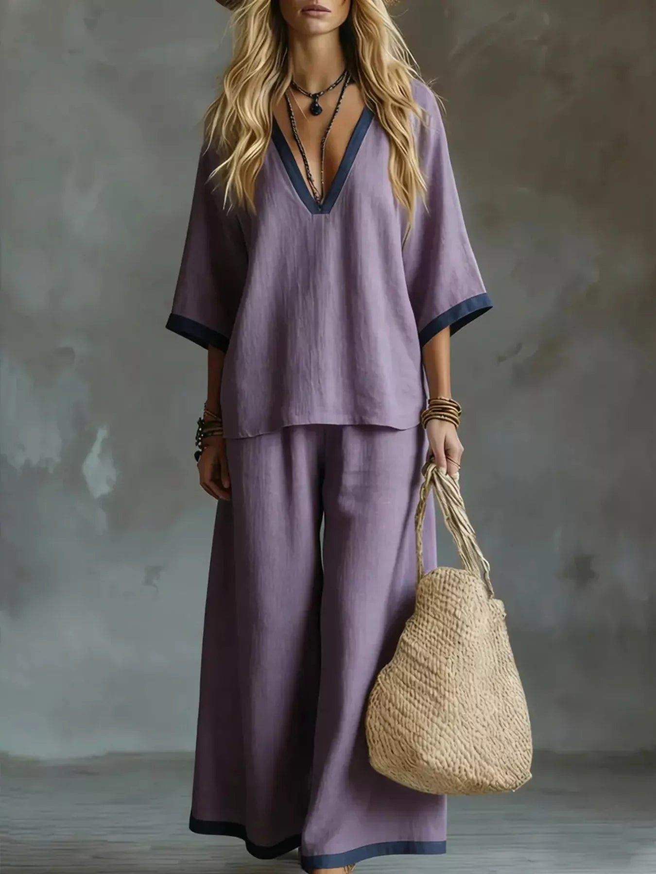 Purple V-neck top and wide-leg pants set with navy contrast trim, elbow sleeves.