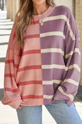 Dusty pink and mauve contrast striped long-sleeve sweatshirt, relaxed fit
