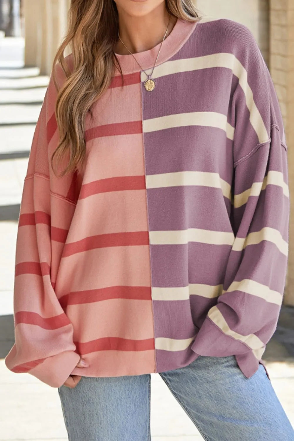 Dusty pink and mauve contrast striped long-sleeve sweatshirt, relaxed fit