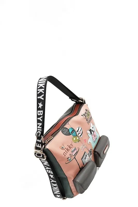 Side-view backpack with black strap band and apricot printed body